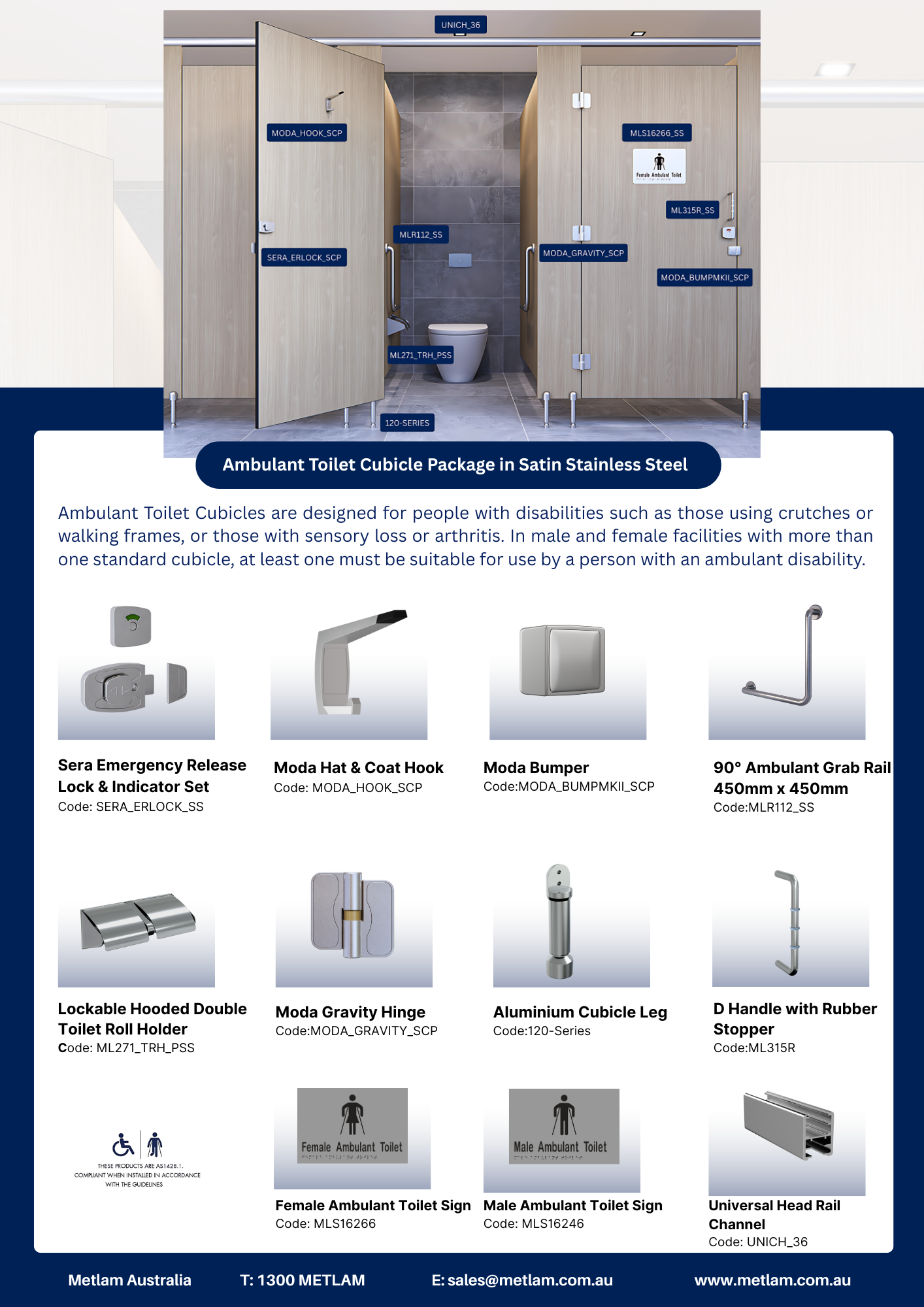 Complete Ambulant Toilet Cubicle Package in Satin Stainless Steel