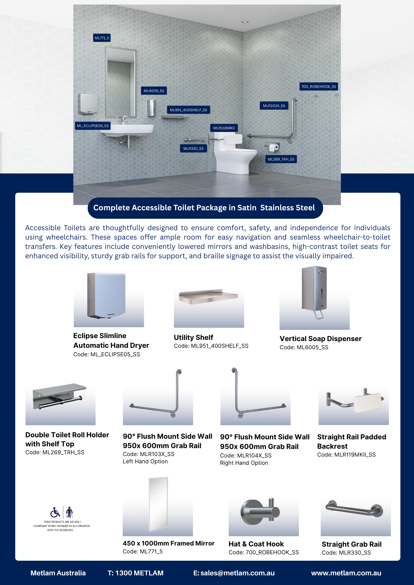 Complete Accessible Toilet Package in Stainless Steel